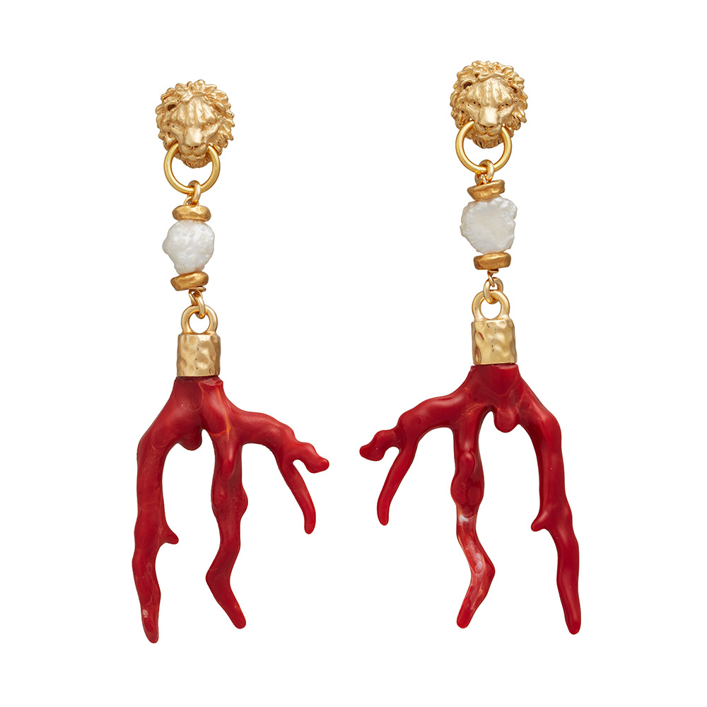 Giovanni Raspini Golden Lion and Coral Earrings