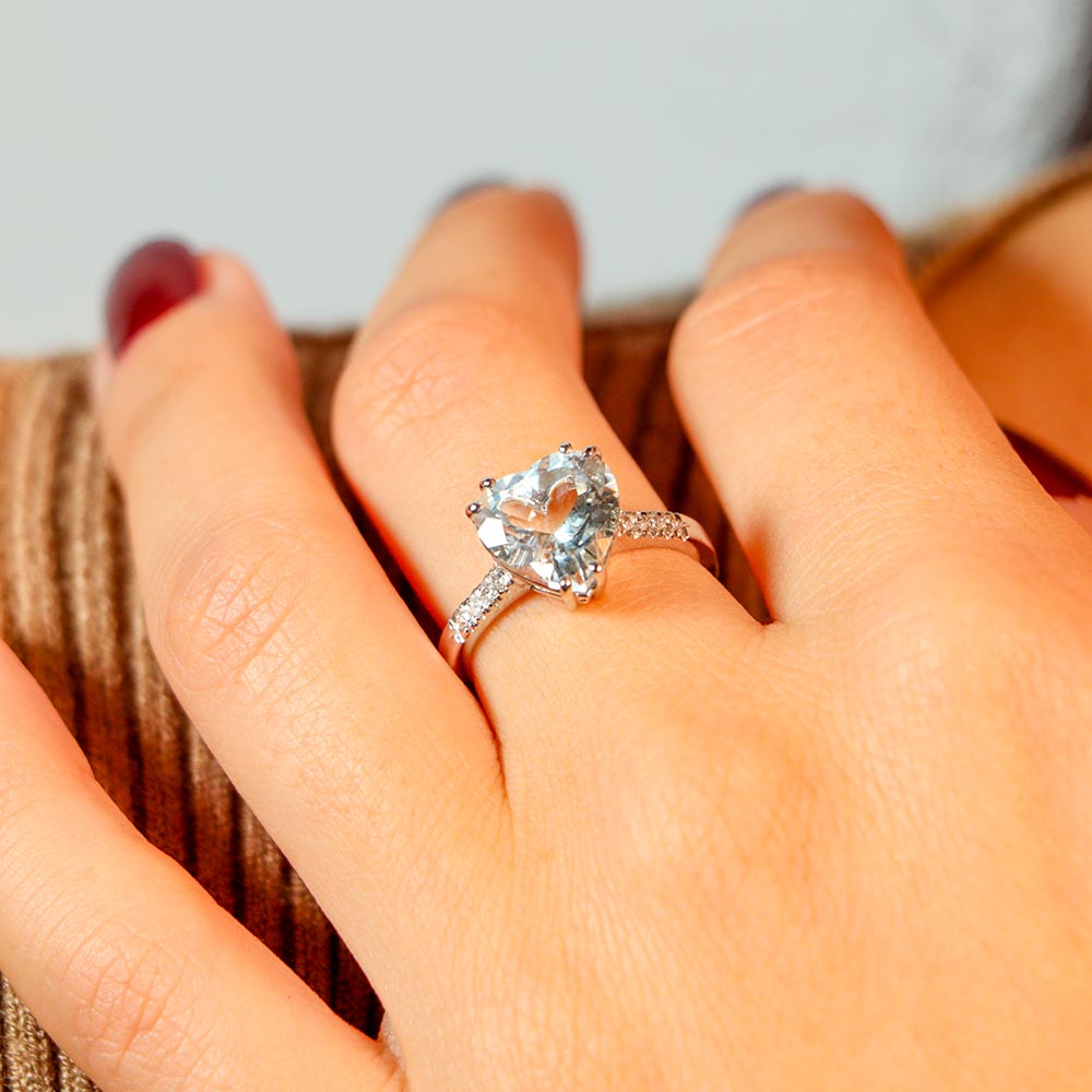 Fabio Ferro White Gold Ring with Heart Cut Aqua Marina and Brilliant Cut Diamonds