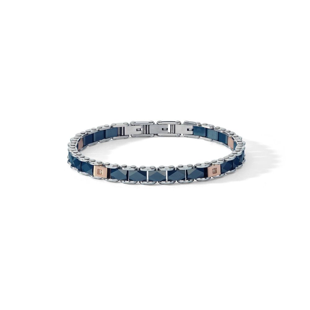 Comete Stahlarmband mit rosa PVD blauer Keramik und Zirkonen