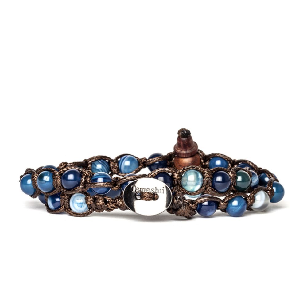 Bracciale Tamashii Tibetano a Doppio Filo con Agata Blu Striata