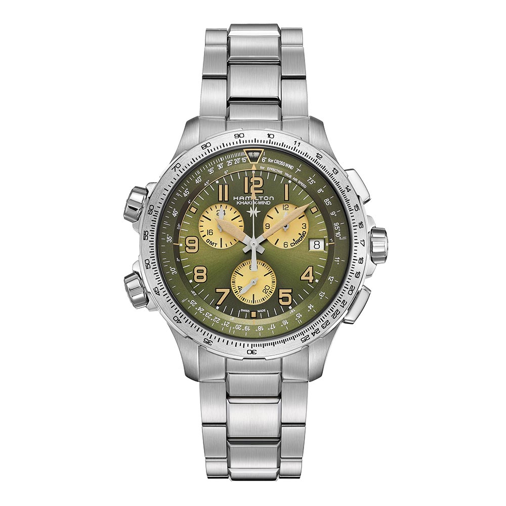 Orologio Hamilton Khaki Aviation X-Wind GMT Chrono Quartz Acciaio Verde 46 mm