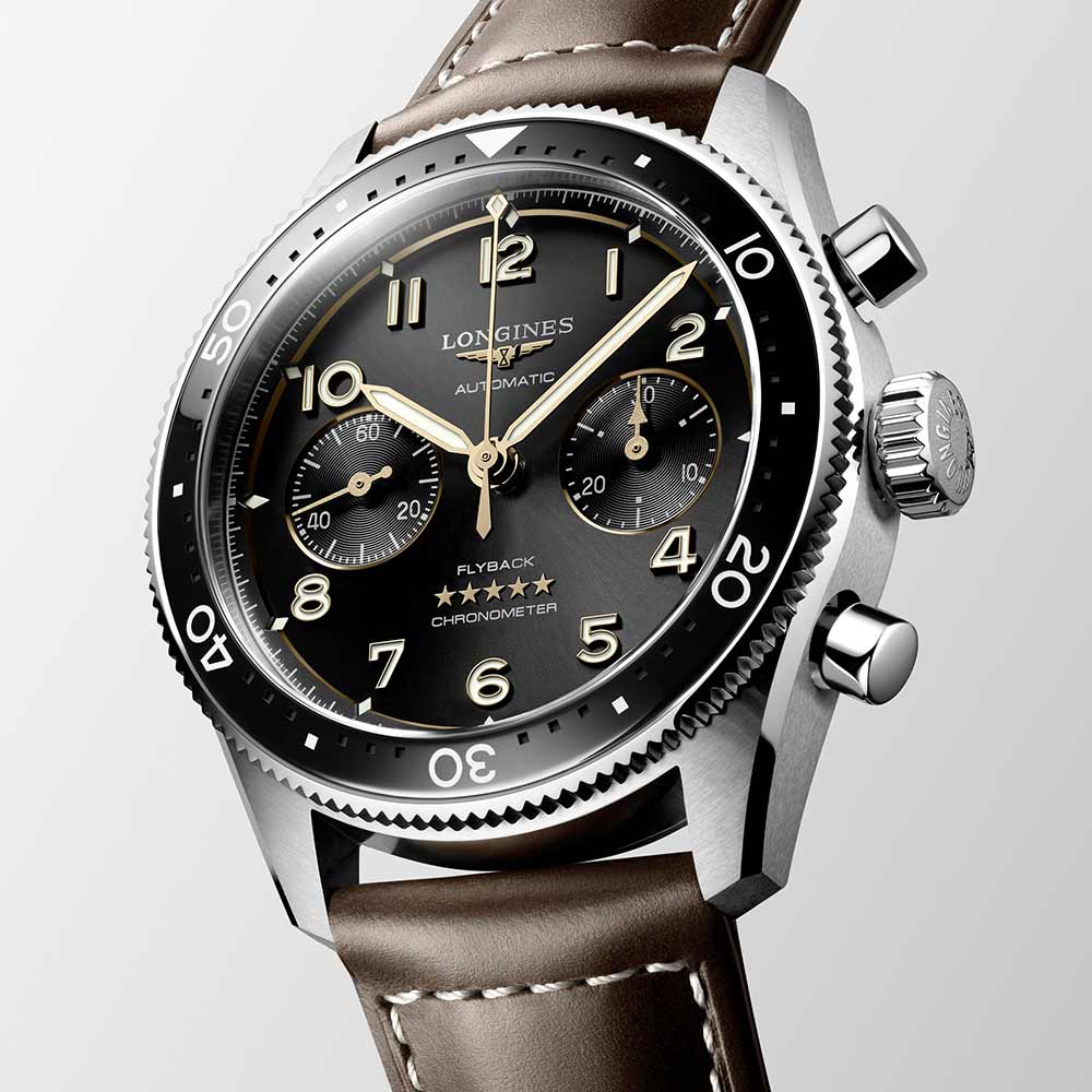 Longines Spirit Flyback Automatikuhr aus schwarzem Leder 42 mm