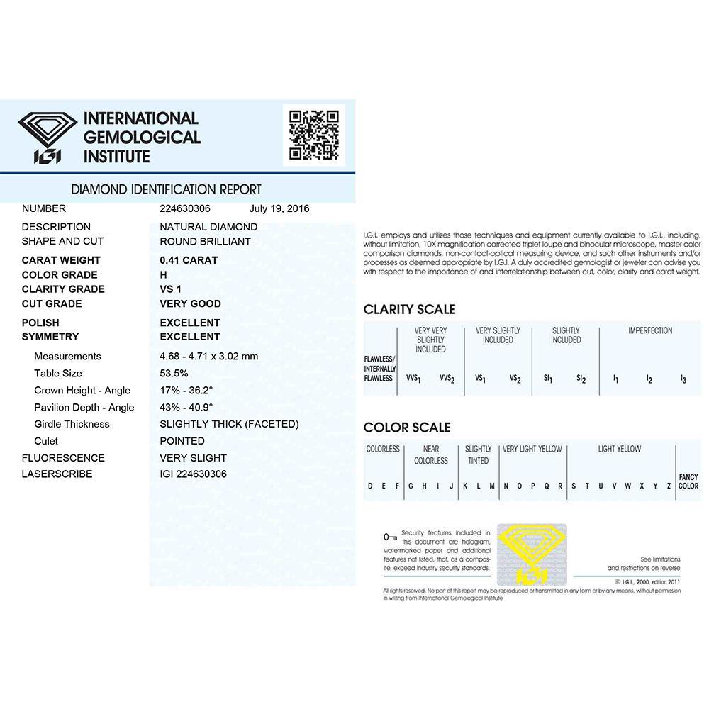 Investment Diamond in Blister Pack with IGI Certificate Brilliant Cut Carats 0.41 H VS 1