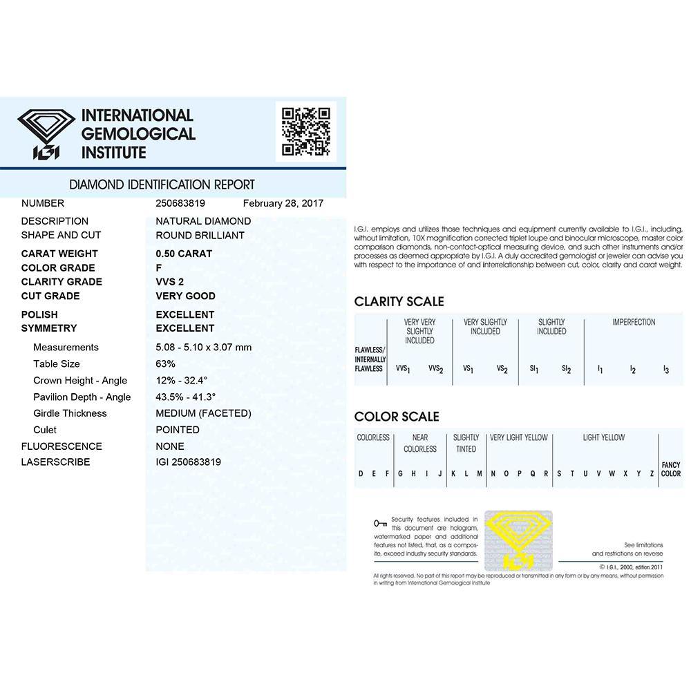 Investment Diamond in Blister Pack with IGI Certificate Brilliant Cut Carats 0.50 F VVS 2