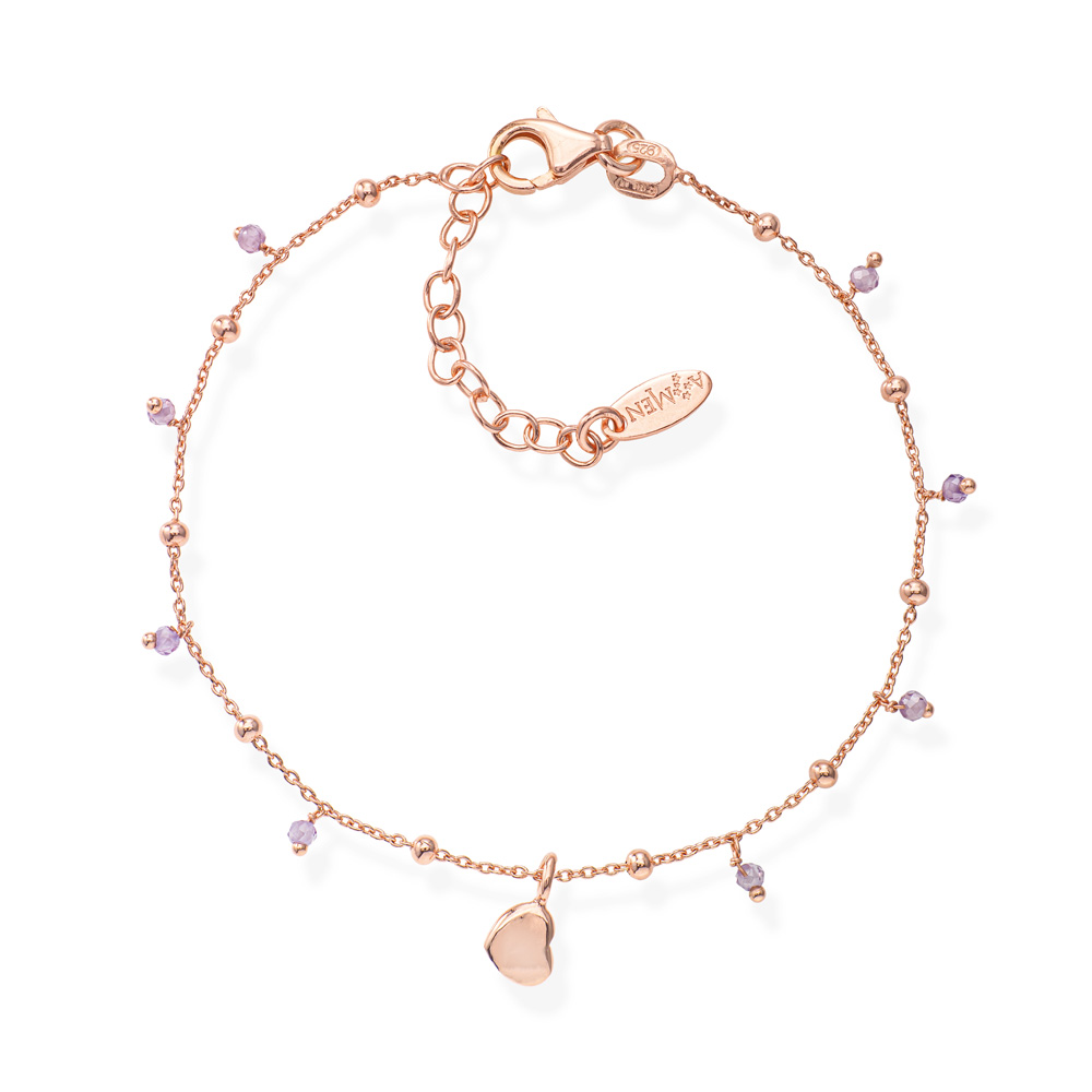Amen Armband Herz und Kristalle aus rosévergoldetem Silber