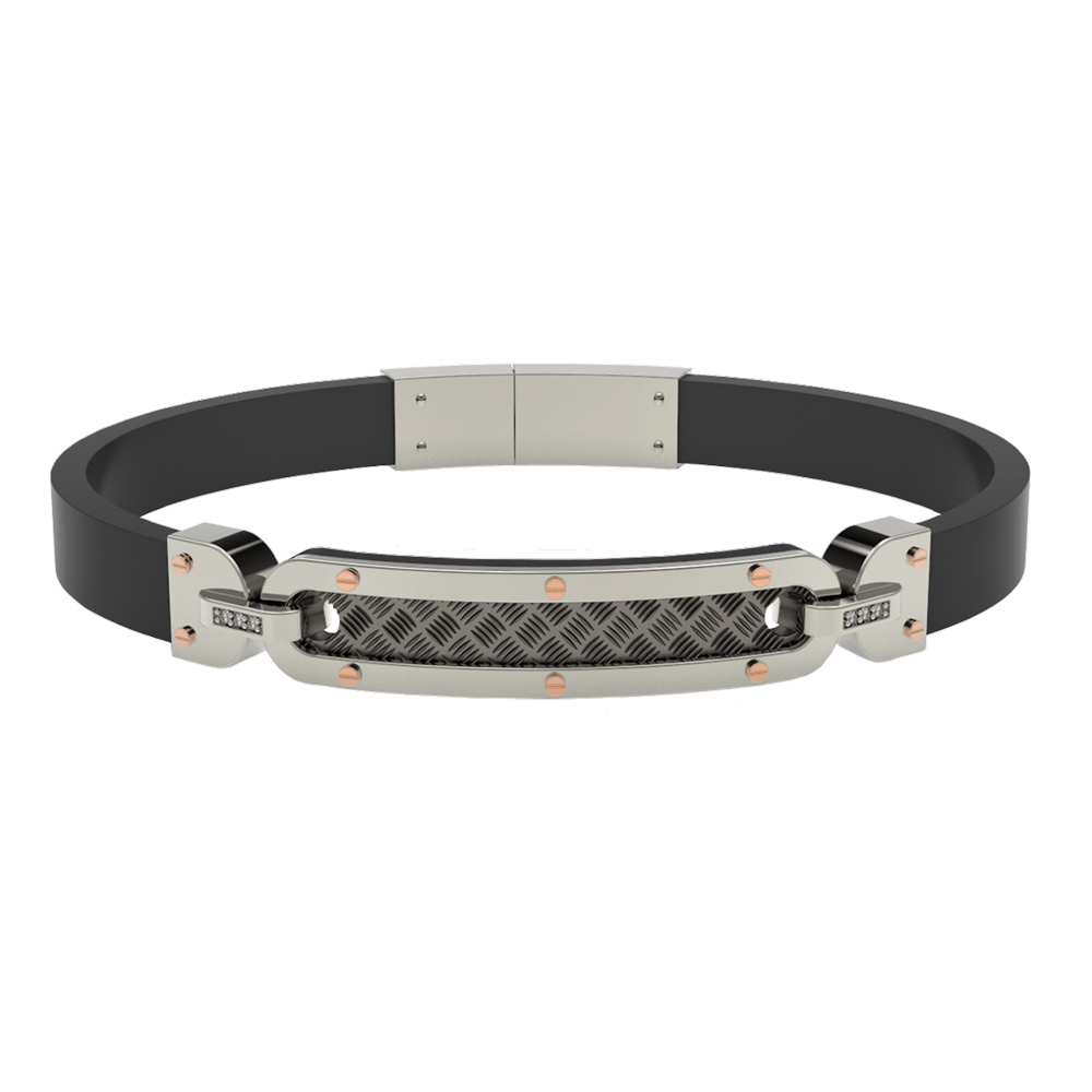 Men's Bracelet Comete Jewelry Texture Collection In Black Rubber With Steel And Zircons