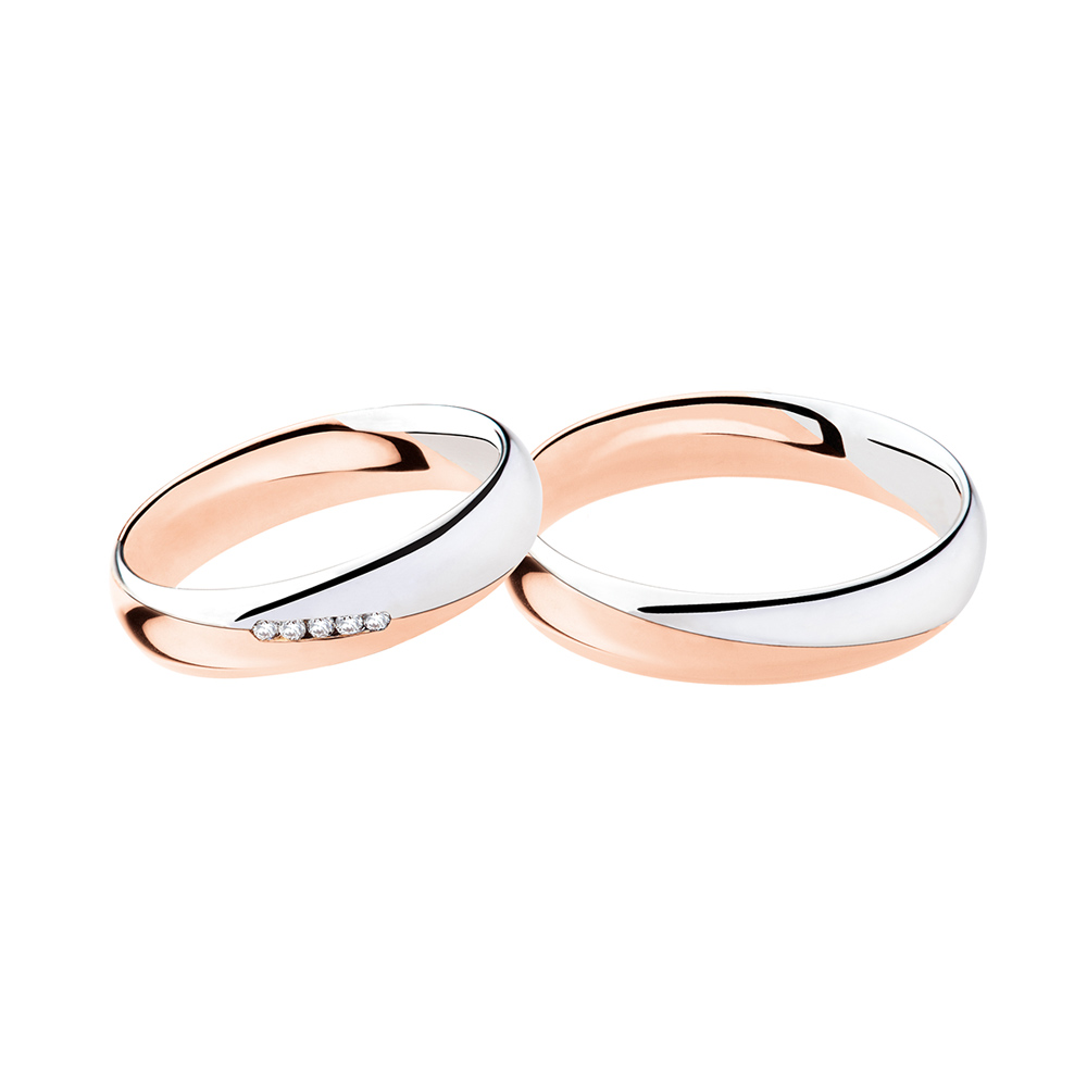 Pair of Polello White and Rose Gold Wedding Rings with 5 Diamonds
