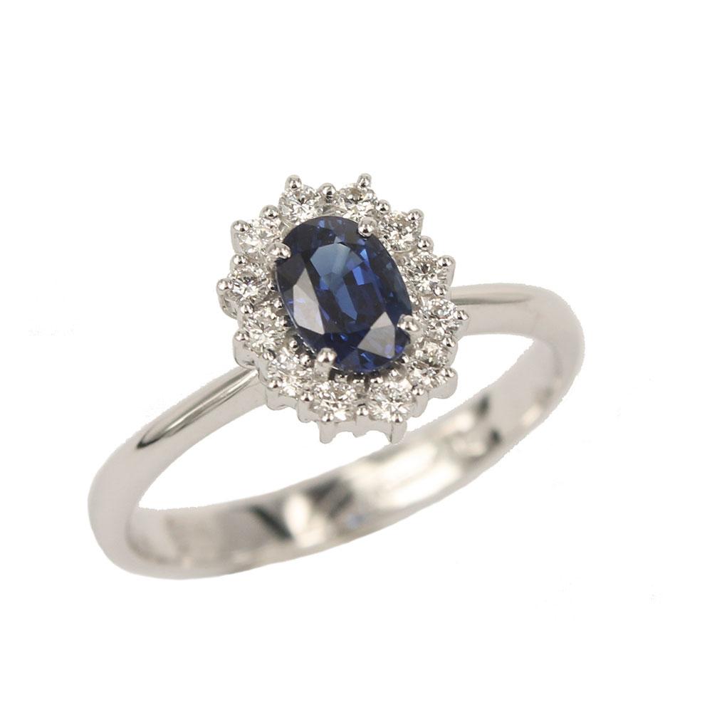 Prinzessin Kate Valenza Schmuck Ring aus Weißgold mit blauem Saphir und Diamanten