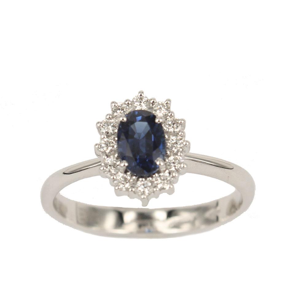 Prinzessin Kate Valenza Schmuck Ring aus Weißgold mit blauem Saphir und Diamanten