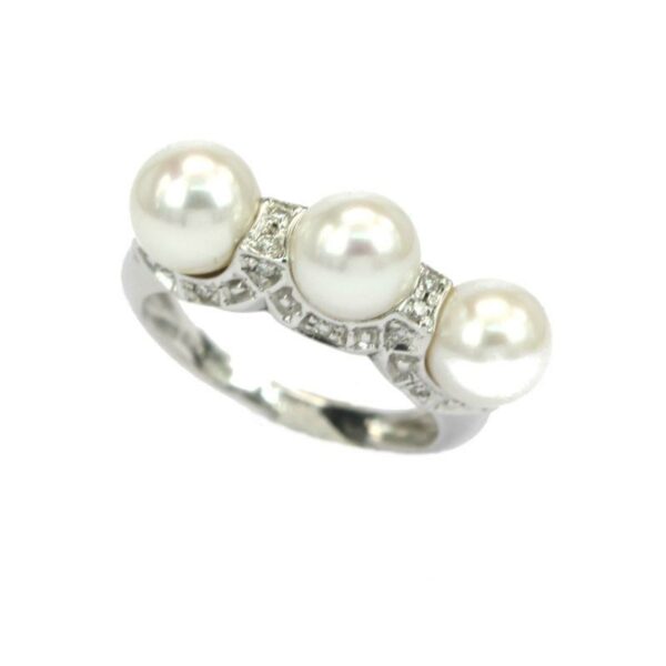 Women's White Gold Ring with Cultured Pearls and 0.10 Carat Diamonds