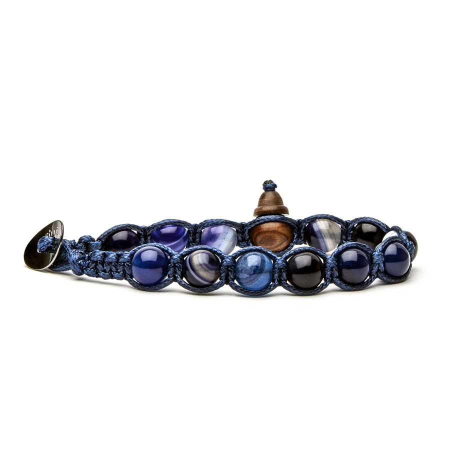 Tibetan Tamashii Bracelet in Dark Blue Striated Agate on Blue Cord Base