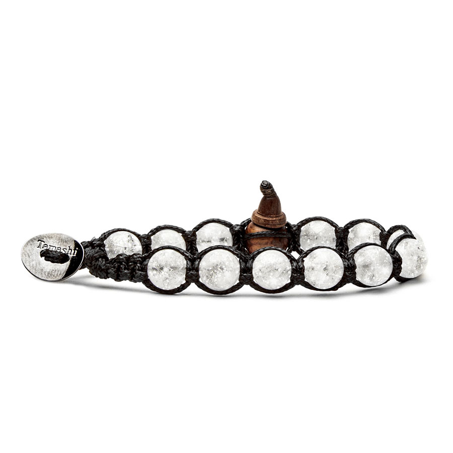 Tibetan Tamashii Bracelet in Cracked Rock Crystal on Black Cord Base