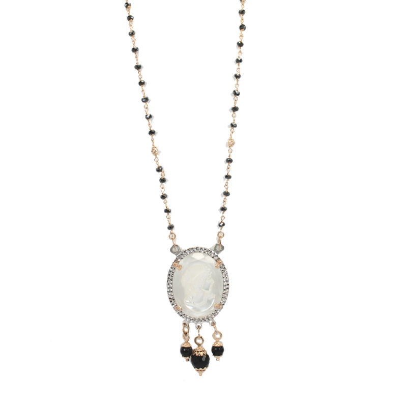 Women's Rose and White Gold Necklace With Black Spinel and Cameo