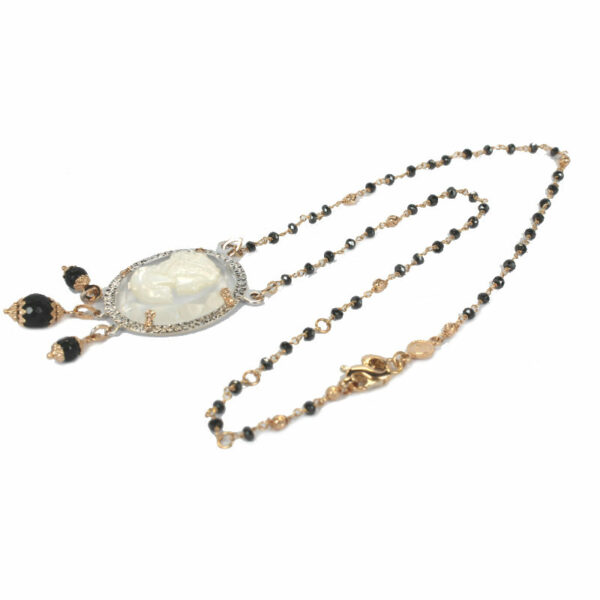 Women's Rose and White Gold Necklace With Black Spinel and Cameo