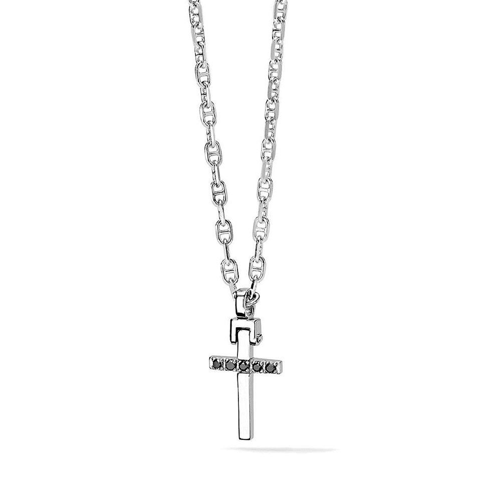 Comete Jewellery Herrenhalskette aus 925er Sterlingsilber mit Kreuz aus Weißgold und schwarzen Diamanten Faith Collection