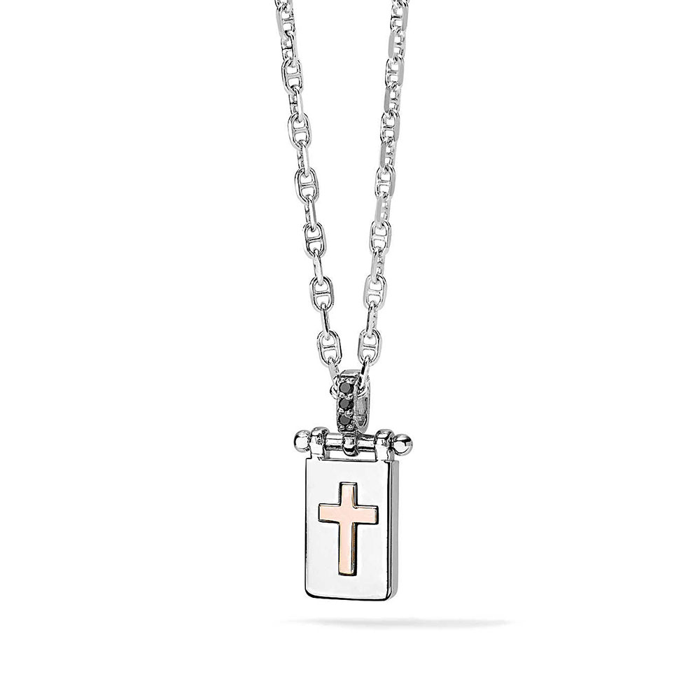 Comete Jewelry Men's 925 Sterling Silver and 750 Rose Gold Necklace with Black Diamonds Faith Collection