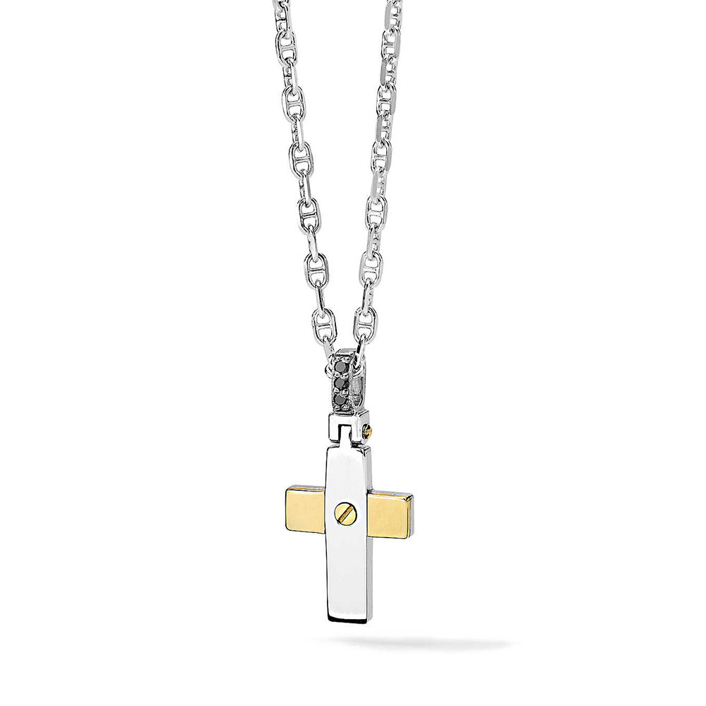 Comete Jewellery Herrenhalskette aus 925 Sterling Silber mit Kreuz aus Weiß- und Gelbgold mit schwarzen Diamanten Faith Collection