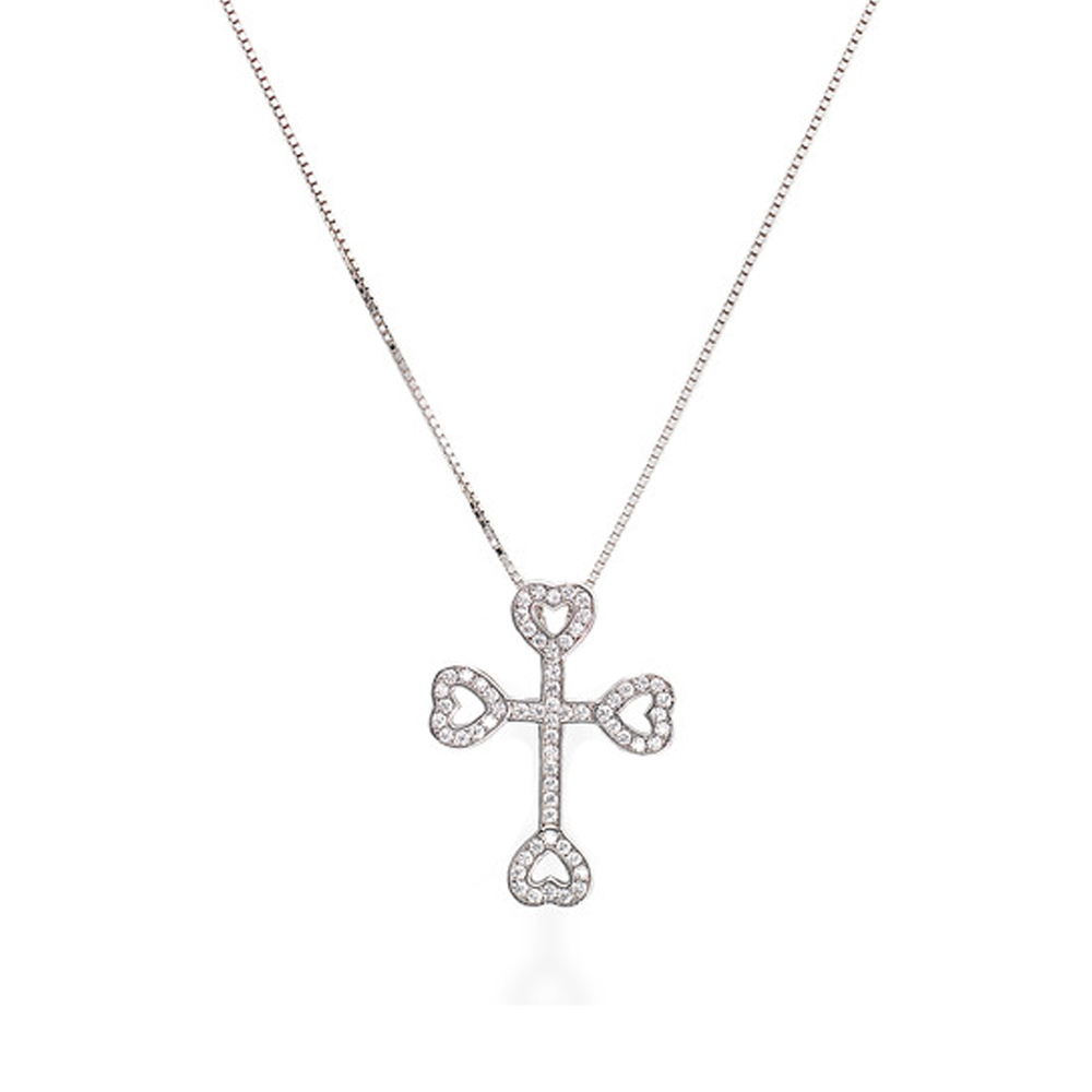 Amen Women's Silver Cross Necklace Anchored Hearts