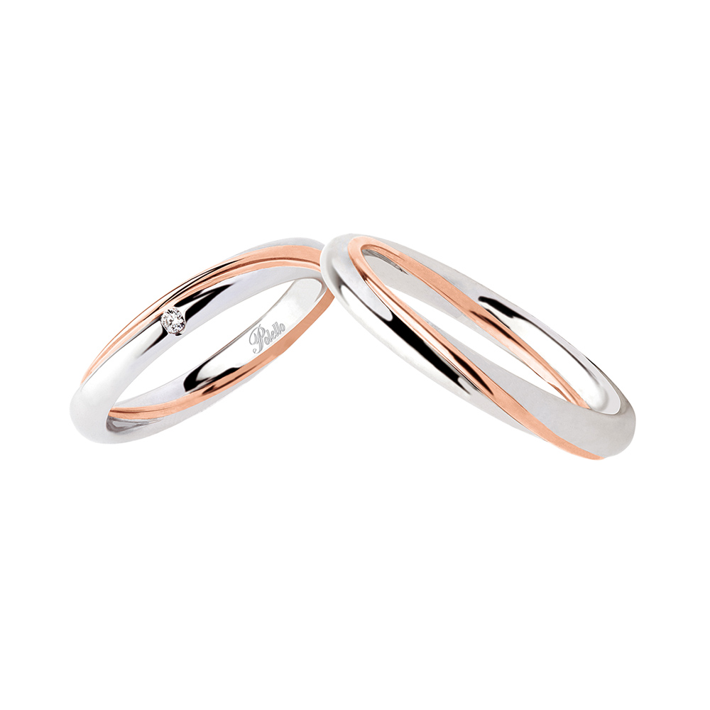 Pair of Polello White and Rose Gold Braided Wedding Rings with Diamond