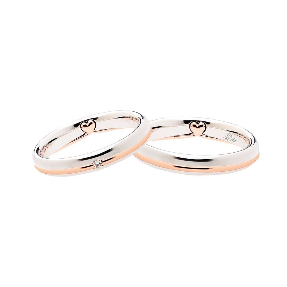 Pair of Wedding Rings Polello in White and Rose Gold Hearts Collection with Diamond