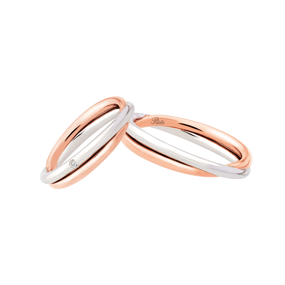 Pair Polello Intreccio White and Rose Gold Wedding Rings with Diamond