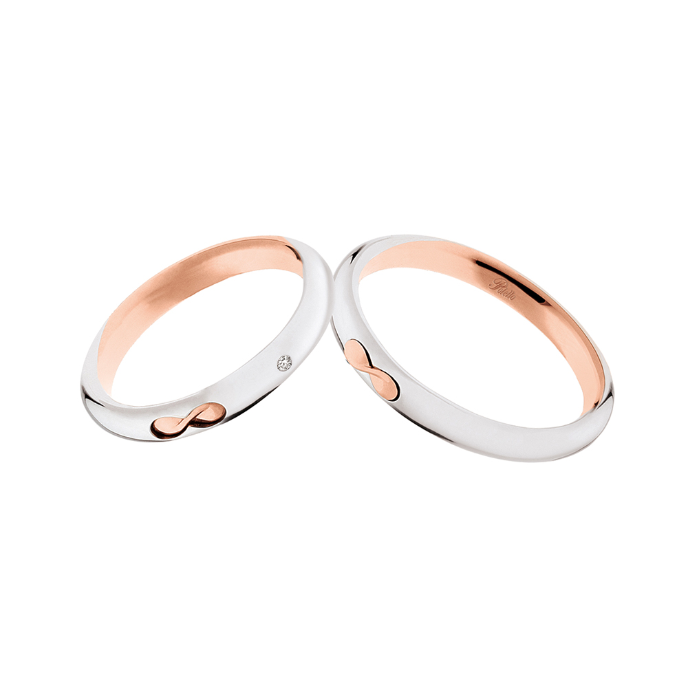 Pair of Polello White and Rose Gold Wedding Rings with Diamond and Infinity Symbol