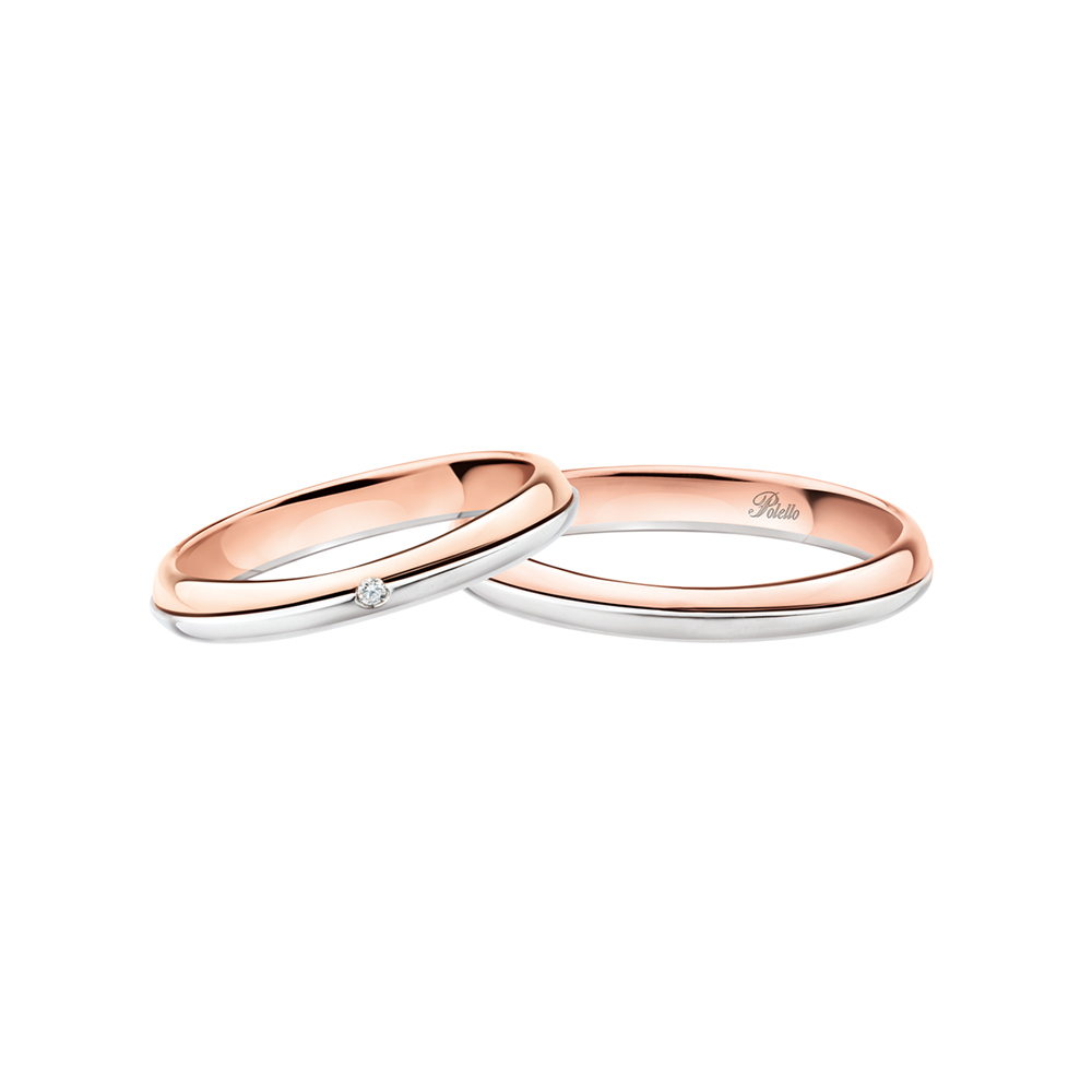 Pair of Polello Wedding Rings in White and Rose Gold with Diamond