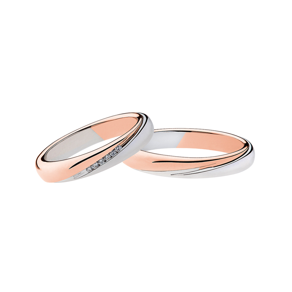 Pair of Polello White and Rose Gold Braided Wedding Rings with 5 Diamonds