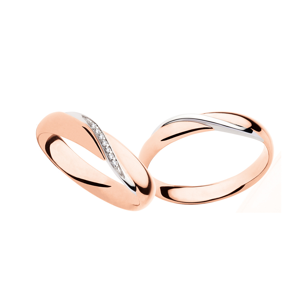 Pair of Polello Wedding Rings in Rose Gold with White Gold Wave and Diamonds