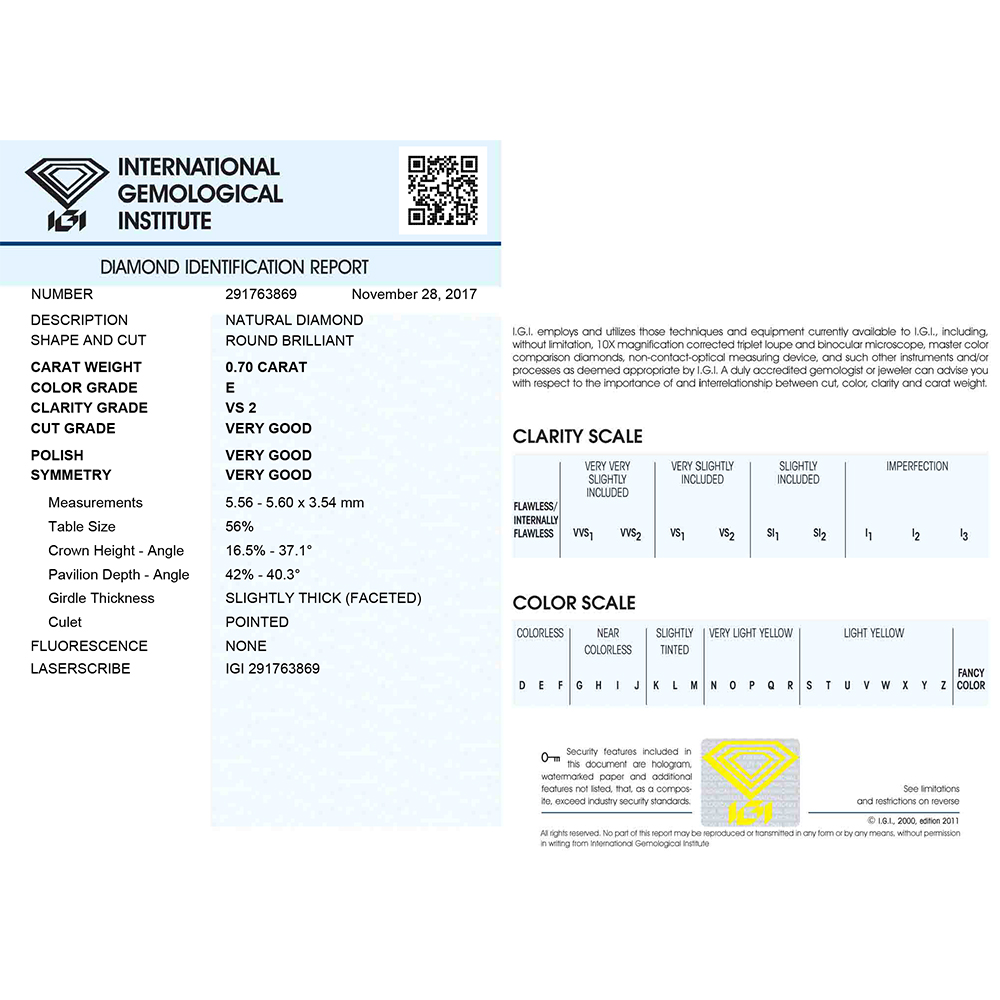 Investitionsdiamant in Blisterverpackung mit IGI-Zertifikat Brillantschliff Karat 0,70 E VS 2