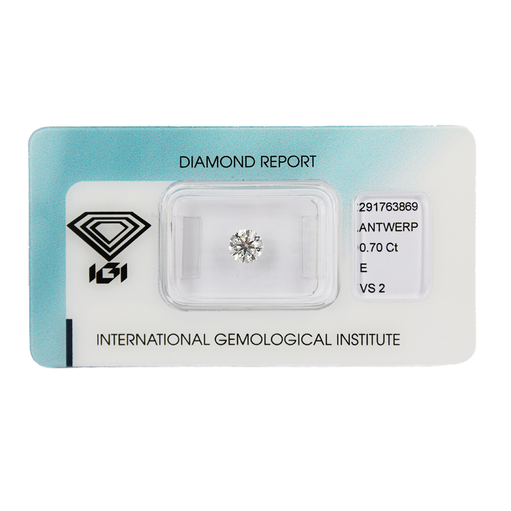 Investitionsdiamant in Blisterverpackung mit IGI-Zertifikat Brillantschliff Karat 0,70 E VS 2