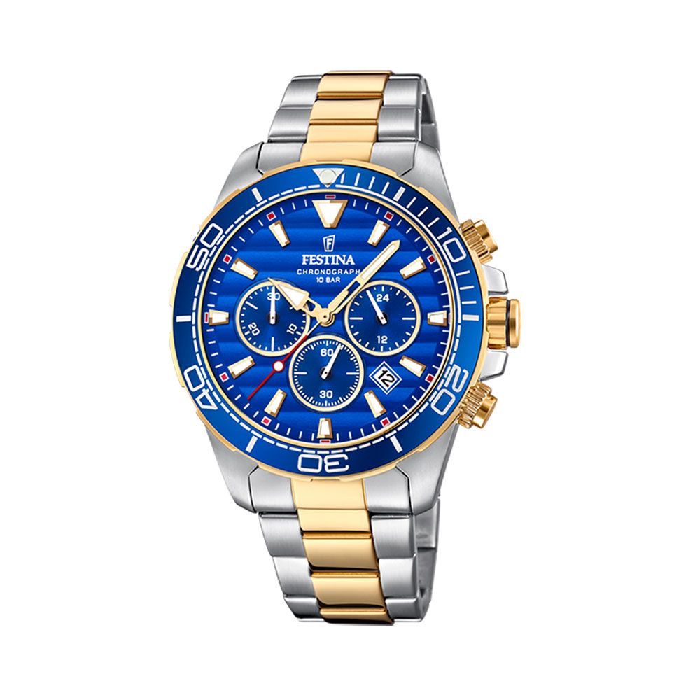 Festina Men's Watch Chrono Model In Gold Plated Steel MM. 44.3 With Blue Dial