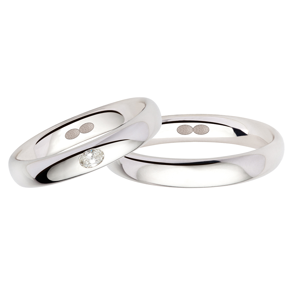 Pair of Polello wedding rings in white gold with oval cut diamond New collection The Shapes of Love