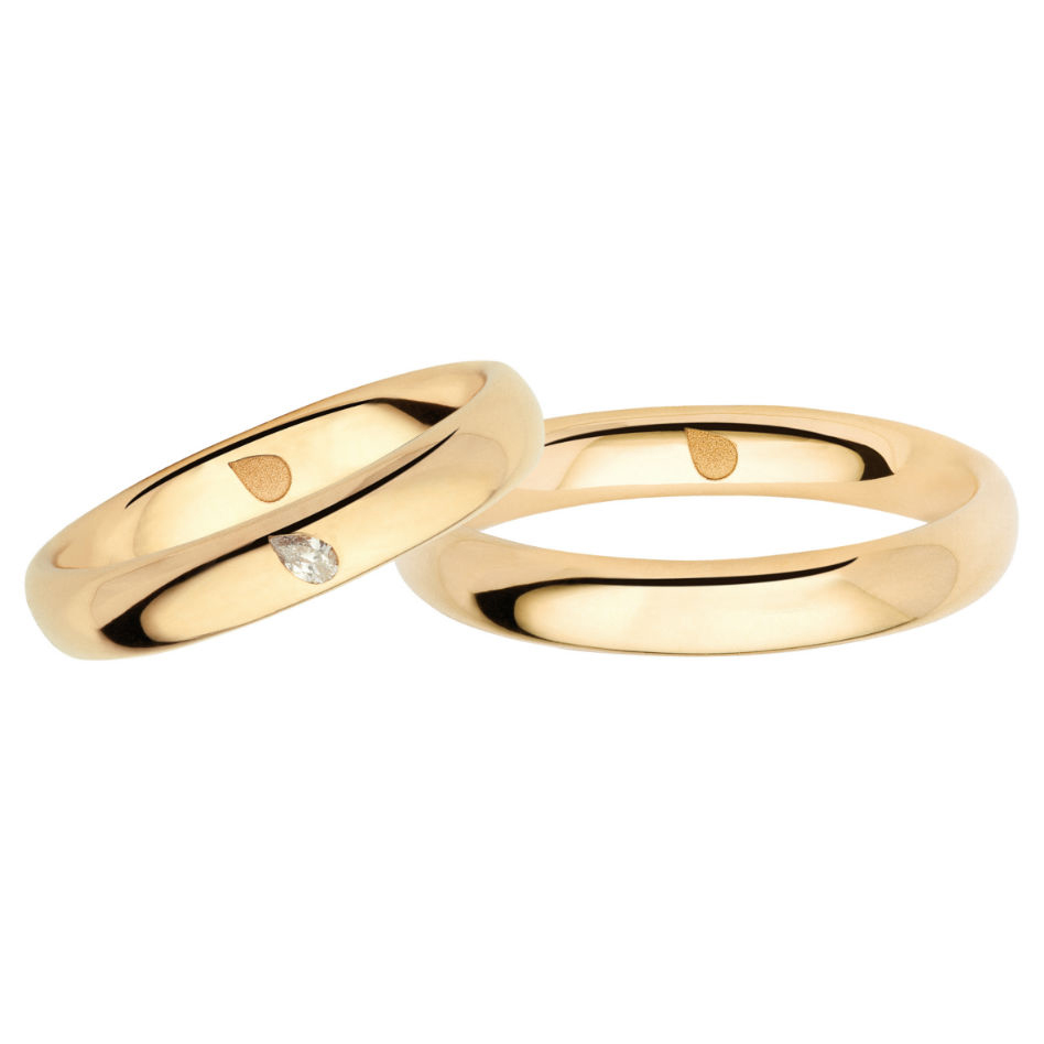 Pair of Polello wedding rings in yellow gold and drop cut diamond New Collection Le Forme Dell'Amore