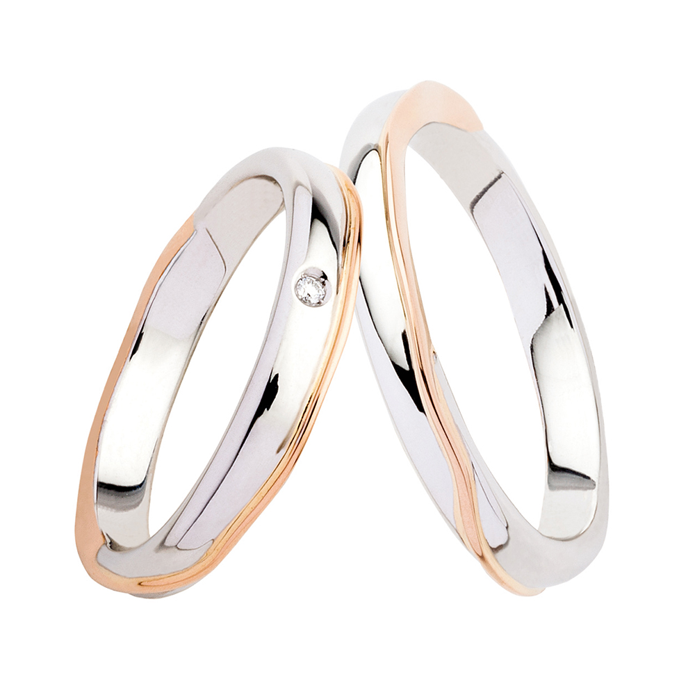 Pair of Polello Wedding Rings In White and Rose Gold Crossed With Brilliant Cut Diamond Kt. 0,01 New Collection