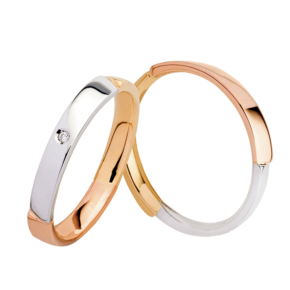 Pair of Polello Wedding Rings in White, Yellow and Rose Gold With Diamond Brilliant Cut Carats 0.02