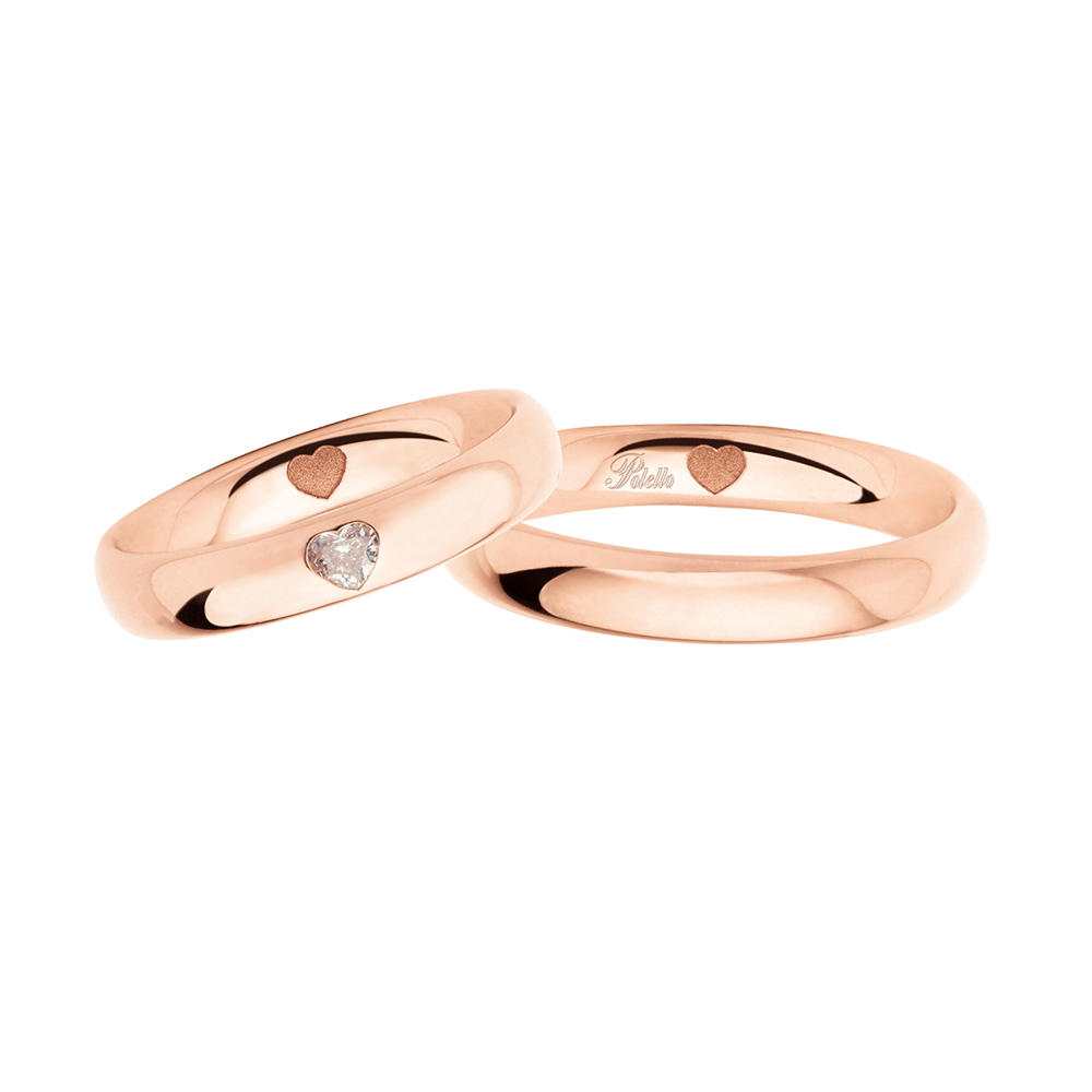Pair of Polello Rose Gold and Diamond Heart Cut Wedding Rings
