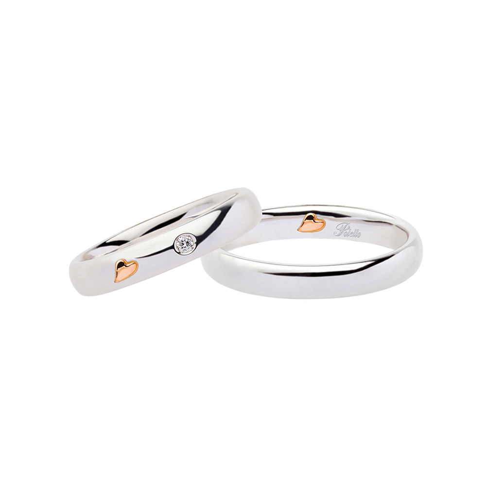 Pair Wedding Rings Polello White Gold Hearts Collection With Diamond and Rose Gold Heart
