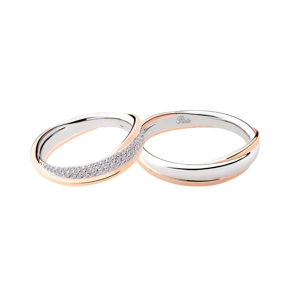 Pair of Wedding Rings Polello Diamond Band in White and Rose Gold