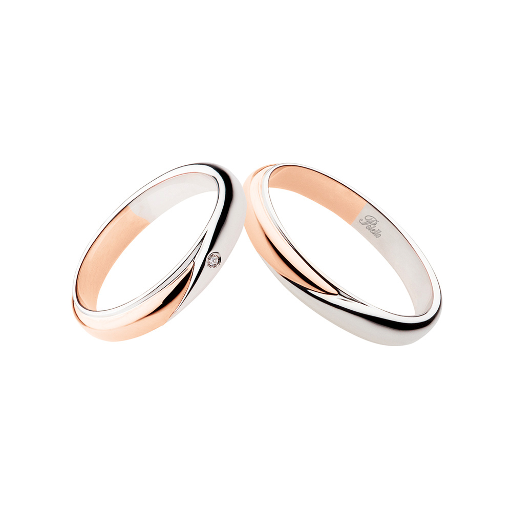 Pair of Polello Wedding Rings in White and Rose Gold Together Collection with Diamond