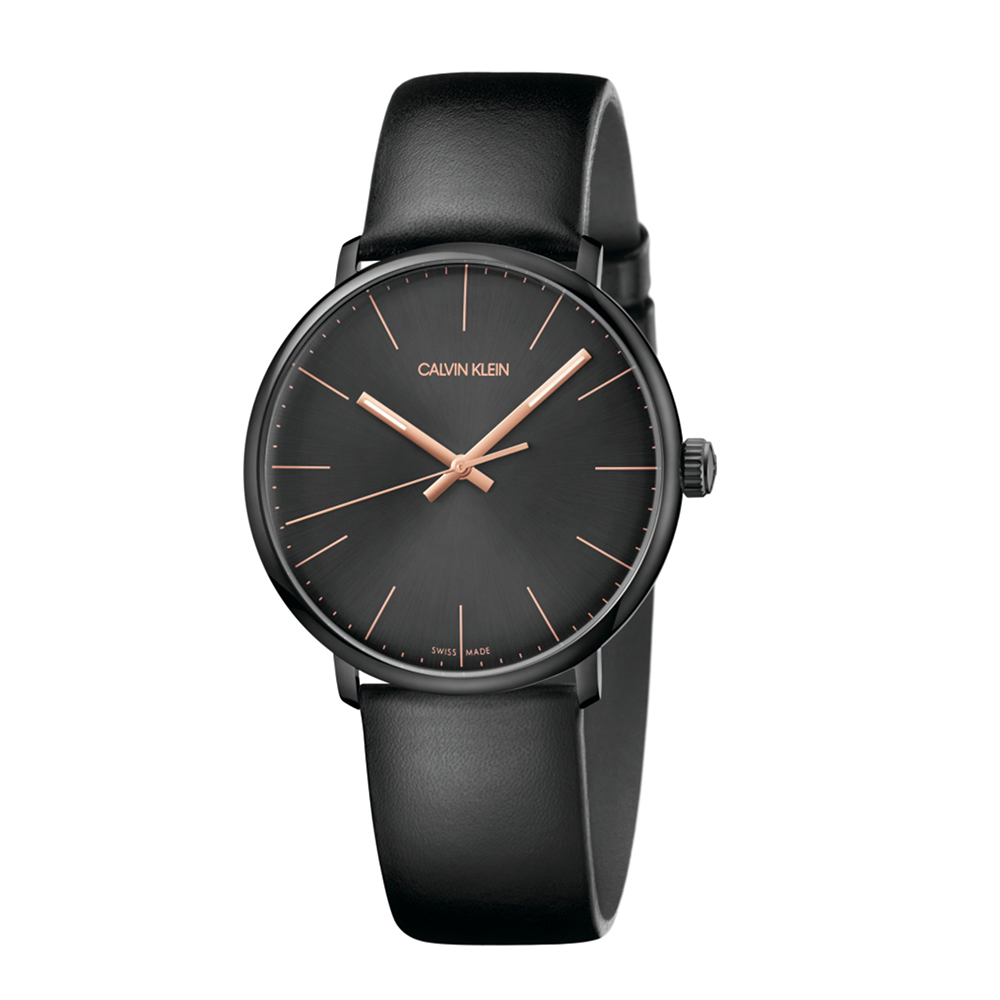 Calvin Klein Men's Watch New High Noon Collection Retro Black Case MM. 40 Black PVD and Black Leather Strap