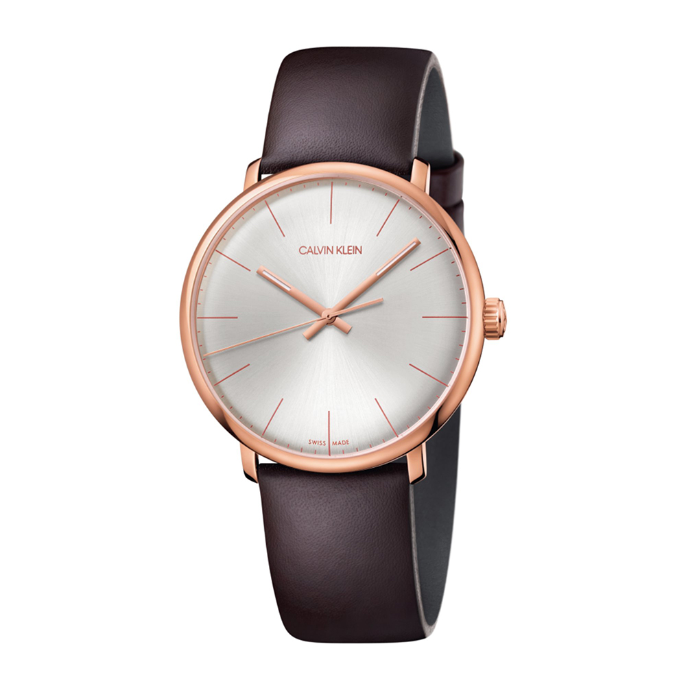 Calvin Klein Men's Watch New High Noon Collection Retro Case Pink PVD Steel MM. 40 With Brown Leather Strap