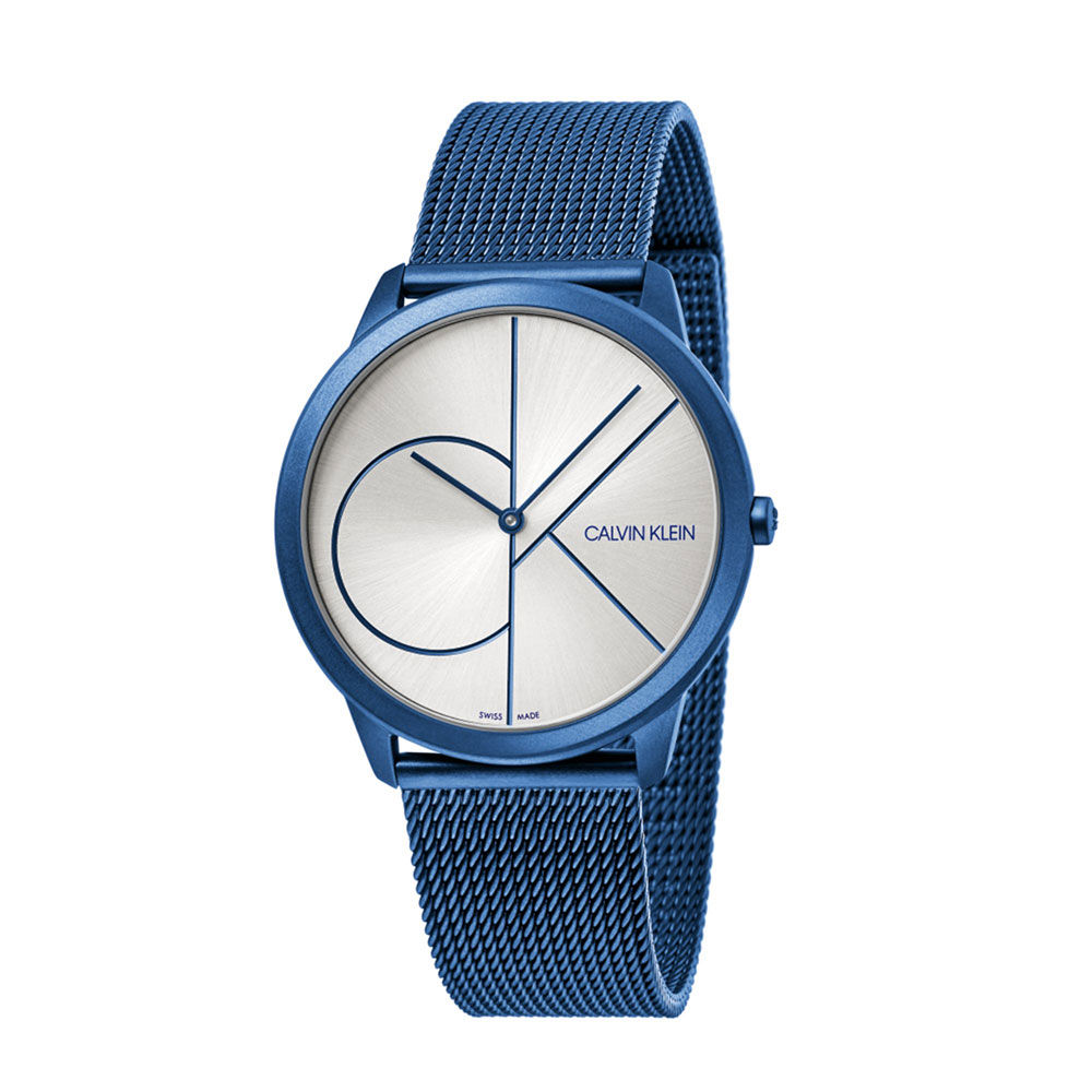 Calvin Klein Minimal Man Watch in Blue PVD Steel Silver Dial MM. 40 With Milano Jersey Strap