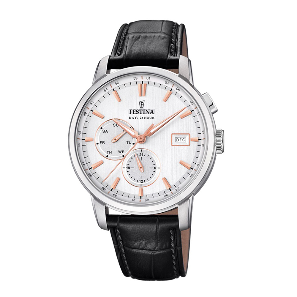 Festina Men's Multifunction Watch with Case MM. 41 Silver Dial and Black Leather Strap