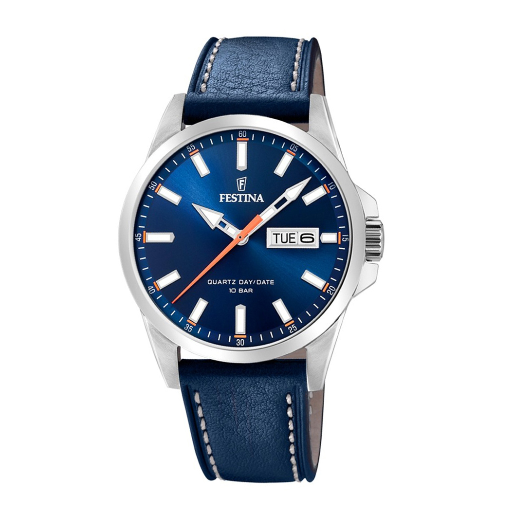 Festina Men's Classic Day-Date Watch Case MM. 40 With Blue Dial and Blue Leather Strap