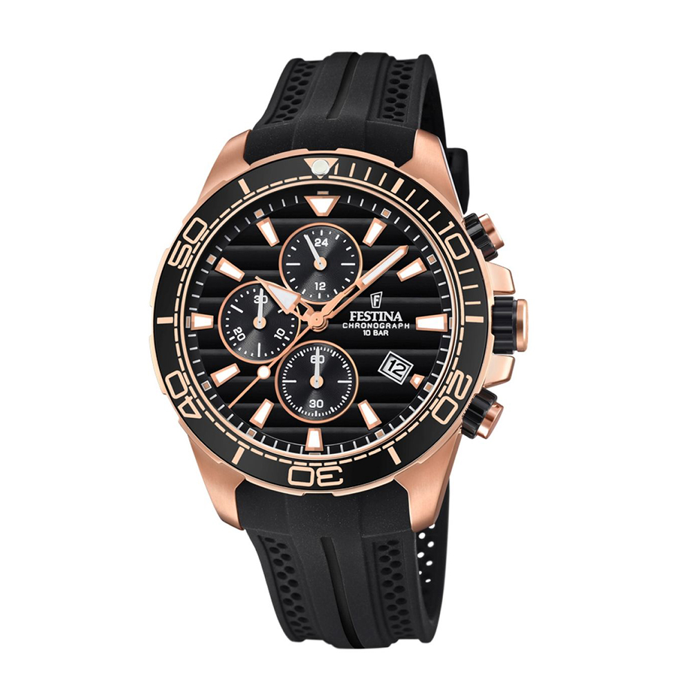 Festina Men's Chronograph Watch With Black Three-Dimensional Dial Pink PVD Steel Case MM. 44 Prestige Collection with Black Rubber Strap