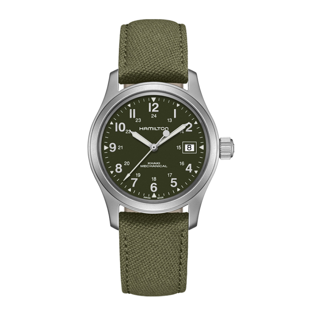 Hamilton Khaki Field Mechanical Green Canvas 38mm Watch Green Canvas Strap