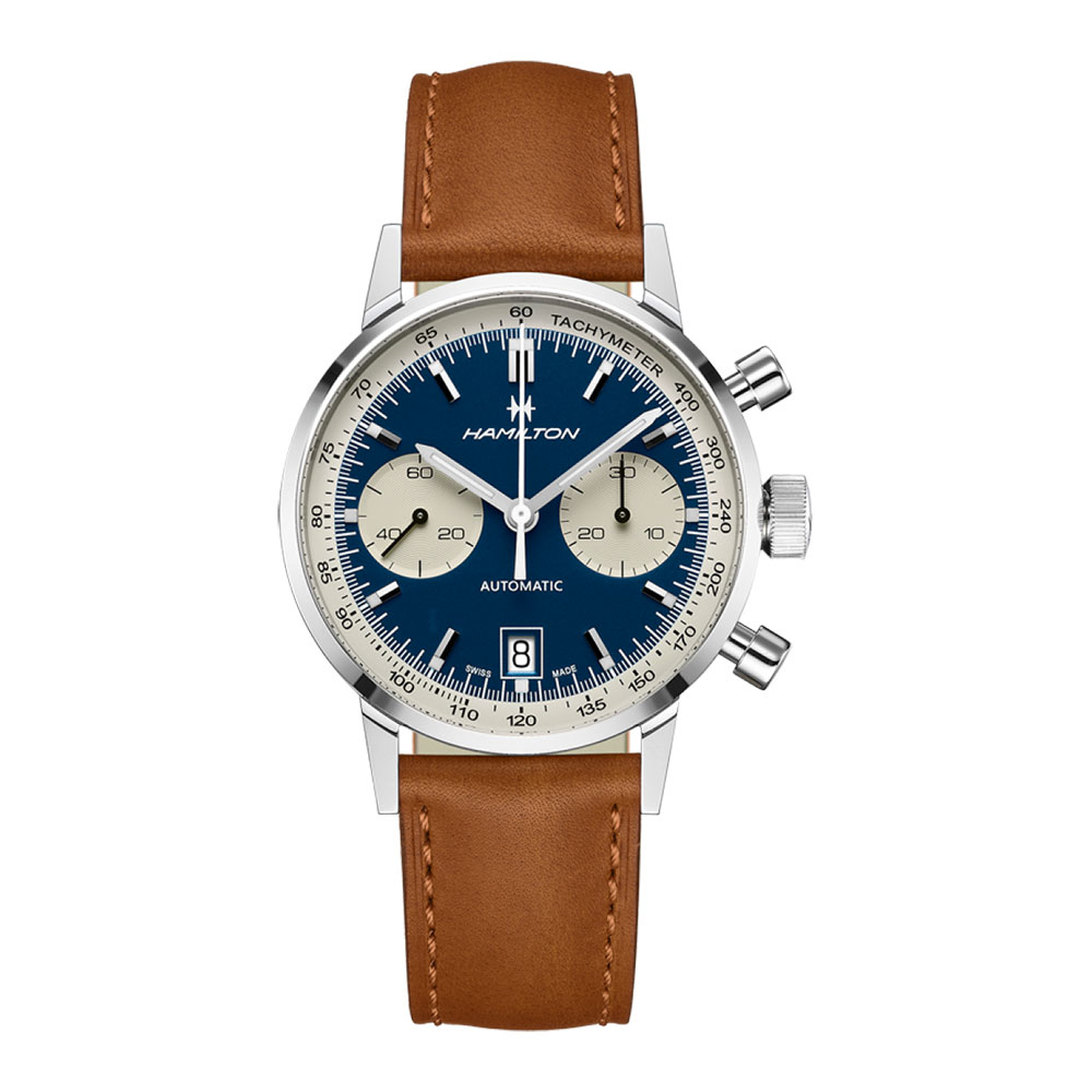 Hamilton Men's Intra-Matic Automatic Chrono MM watch. 40 Blue Dial and Brown Leather Strap