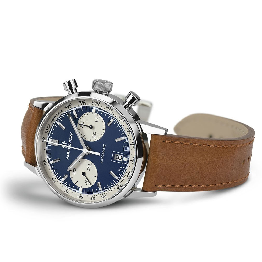 Hamilton Men's Intra-Matic Automatic Chrono MM watch. 40 Blue Dial and Brown Leather Strap