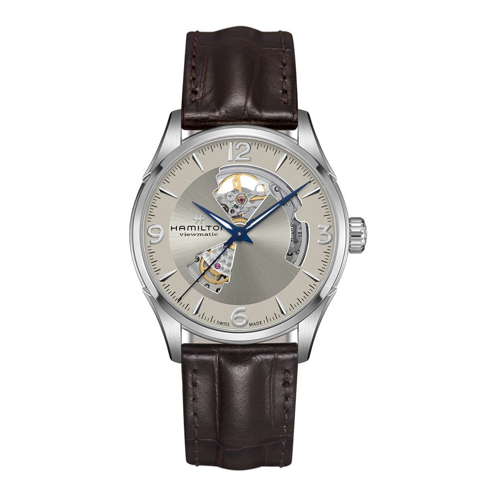 Hamilton Men's Jazzmaster Open Heart Steel Watch MM. 42 with Silver Dial and Brown Leather Strap